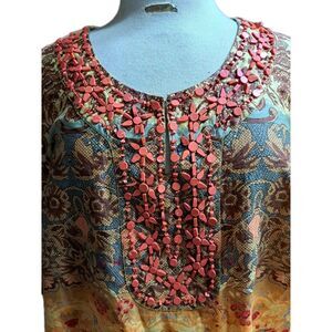 Style & Co Womens Tunic Top Size 14W Beaded Embellished Blouse Boho Floral Artsy